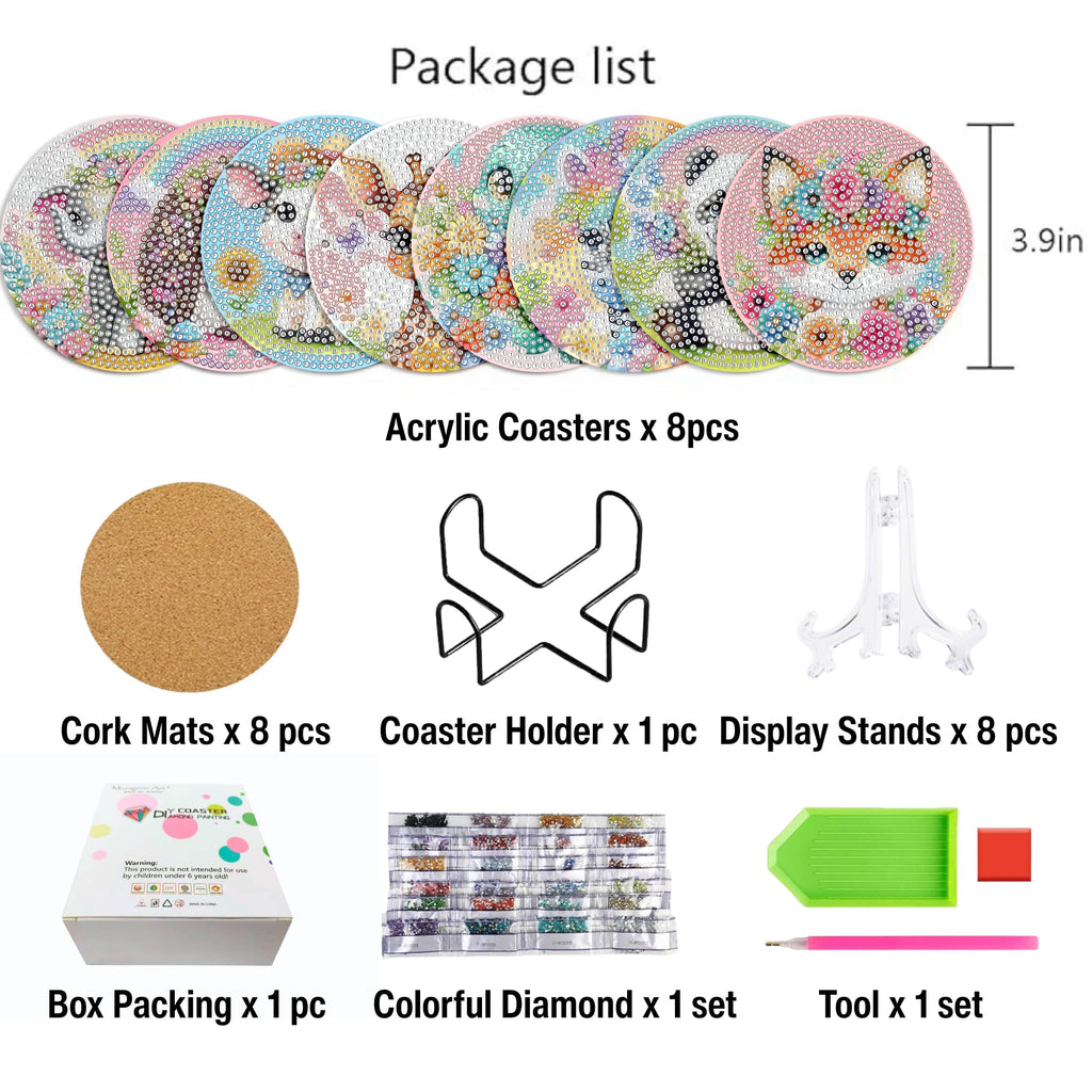 Muzagroo Art Cute Animals Diamond Painting Coasters Kits with Holder Diamond Art Coaster for Beginners Diamond Paintings Kits for Adults Stress-reducing Handicrafts 8 PCS (Animals)