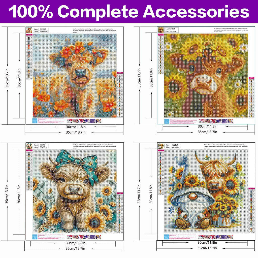 Diamond Art Kits for Adults, 4 Packs Highland Cow & Flowers Diamond Art Painting Kits for Beginners, 5D DIY Full Round Drill Gem Craft for Adult Gifts, Home Wall Decor 14" x 14"