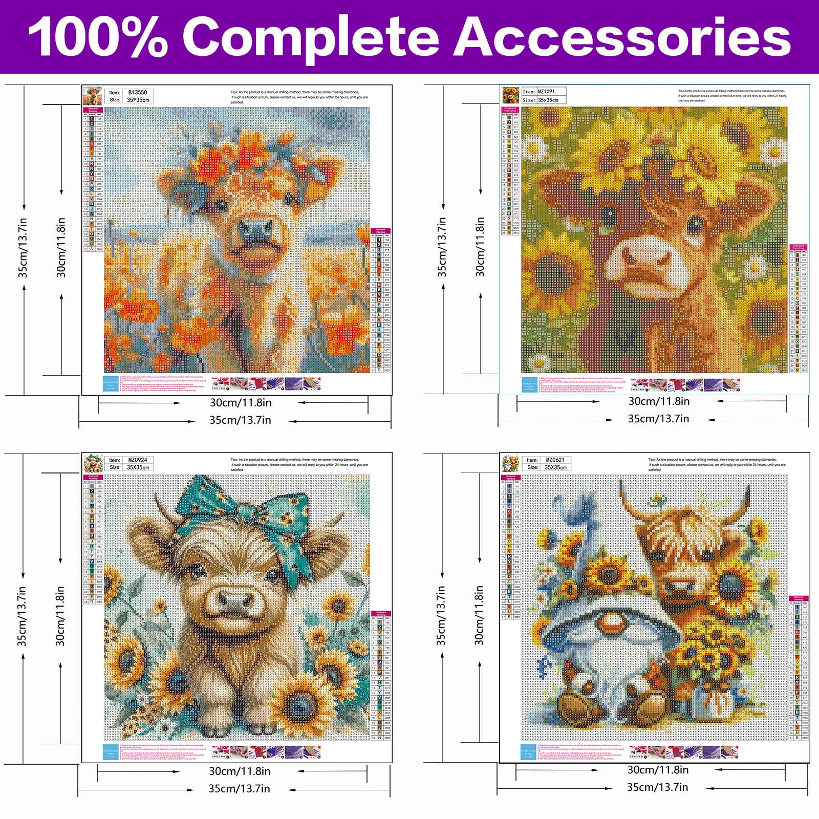 Diamond Art Kits for Adults, 4 Packs Highland Cow & Flowers Diamond Art Painting Kits for Beginners, 5D DIY Full Round Drill Gem Craft for Adult Gifts, Home Wall Decor 14" x 14"