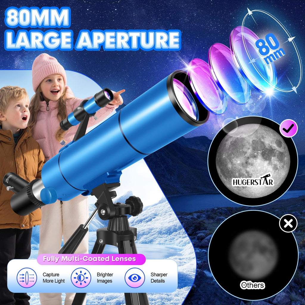 HUGERSTAR Telescope for Adults Astronomy Professional, 80mm Aperture 500mm (20X-150X) Refractor Telescope for Beginners, Portable Travel Telescopes with Tripod, Phone Adapter, Stickers & Backpack