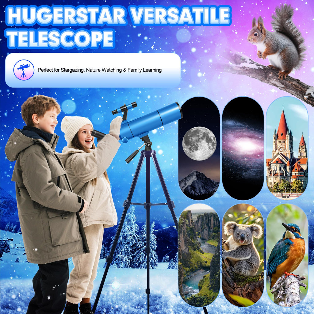 HUGERSTAR Telescope for Adults Astronomy Professional, 80mm Aperture 500mm (20X-150X) Refractor Telescope for Beginners, Portable Travel Telescopes with Tripod, Phone Adapter, Stickers & Backpack