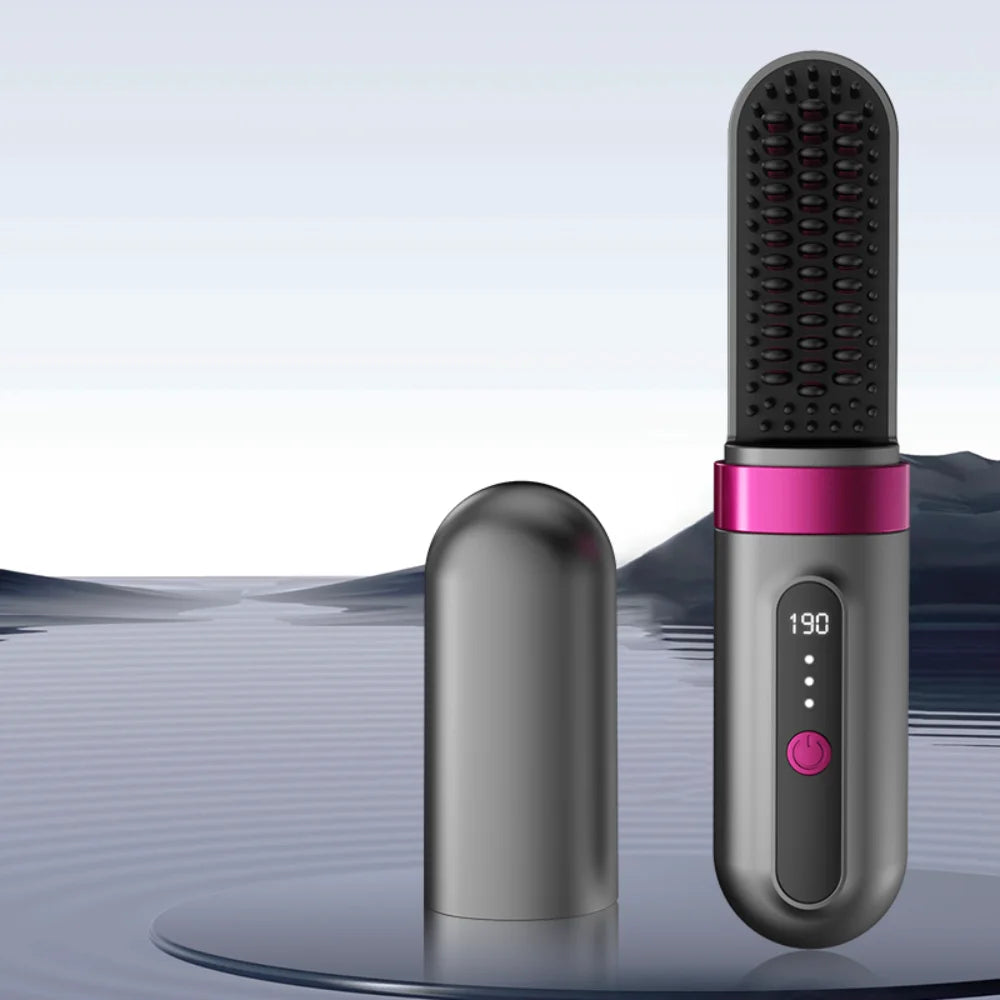 Portable Cordless Ceramic Hair Straightener Brush – Electric Heated Styling Brush