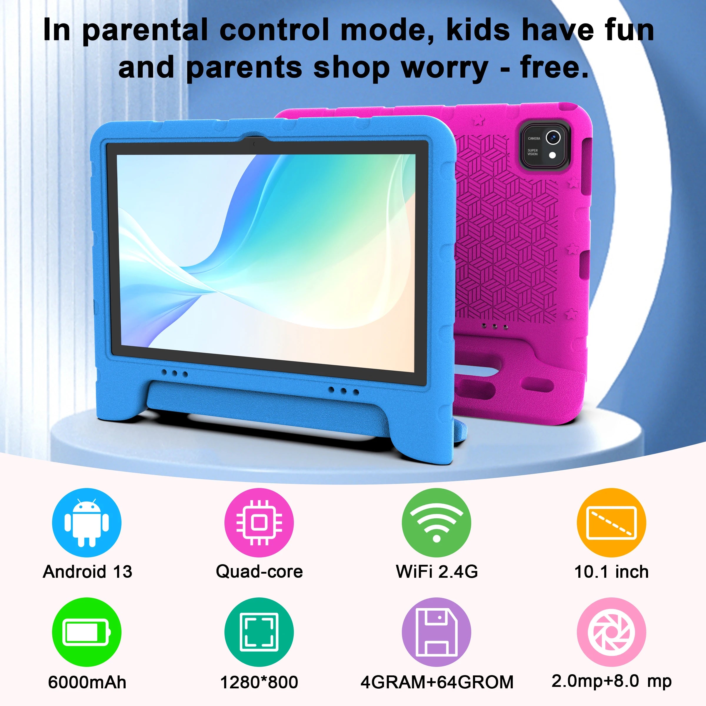 10 inch children's tablet, Android 13 tablet, with shock resistant protective case holder, 2GB RAM, 64GB ROM, 1T expansion, Wifi