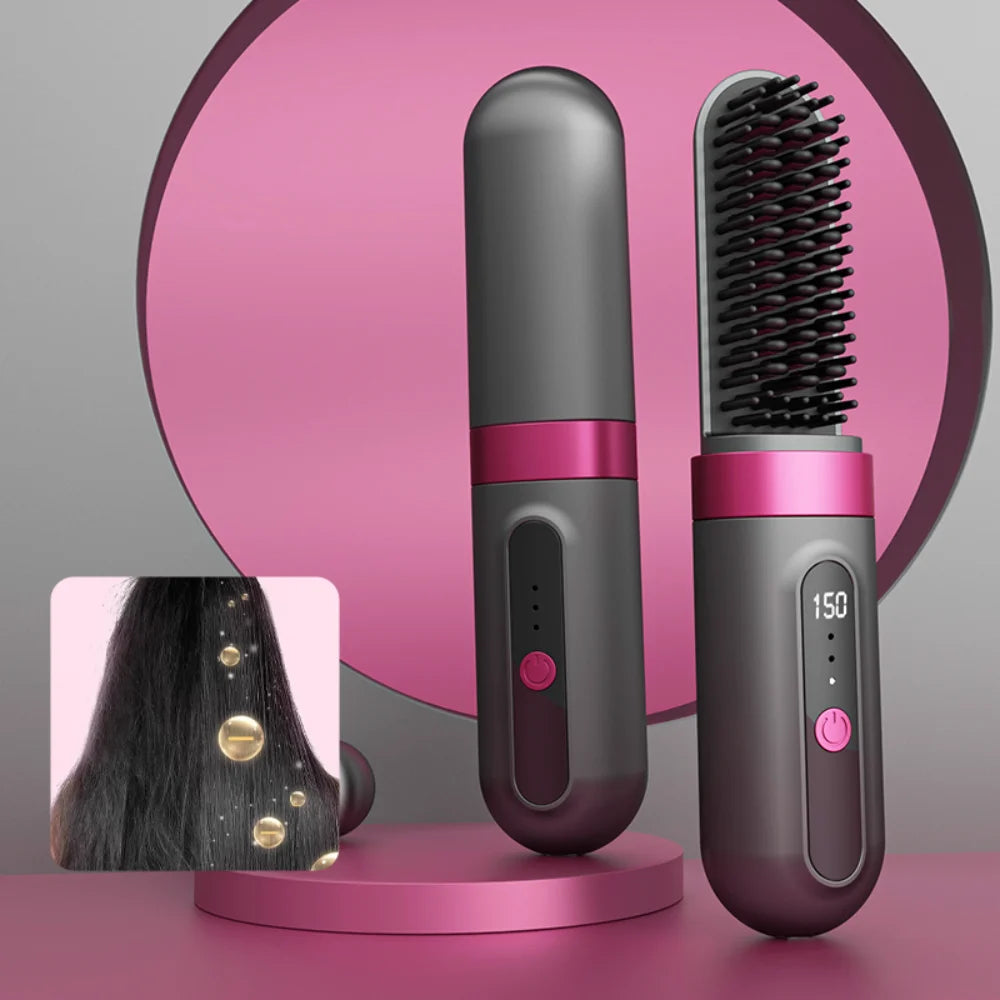 Portable Cordless Ceramic Hair Straightener Brush – Electric Heated Styling Brush