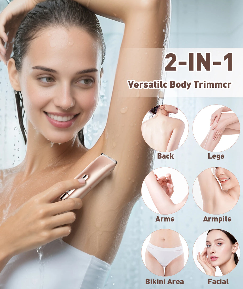 2-in-1 Bikini Trimmer for Women – Dual Head Electric Razor, IPX7 Waterproof, Wet & Dry