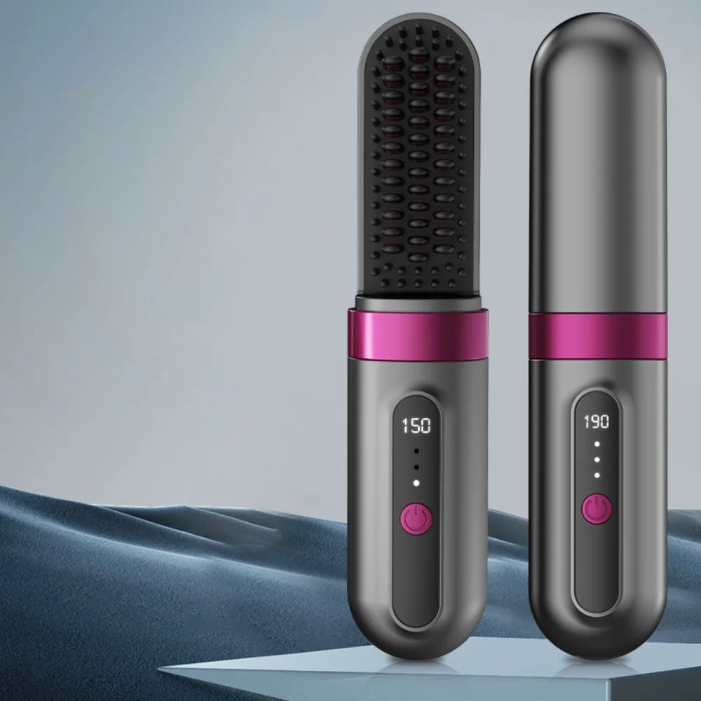 Portable Cordless Ceramic Hair Straightener Brush – Electric Heated Styling Brush