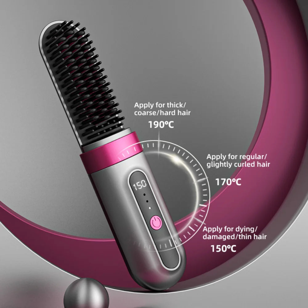 Portable Cordless Ceramic Hair Straightener Brush – Electric Heated Styling Brush