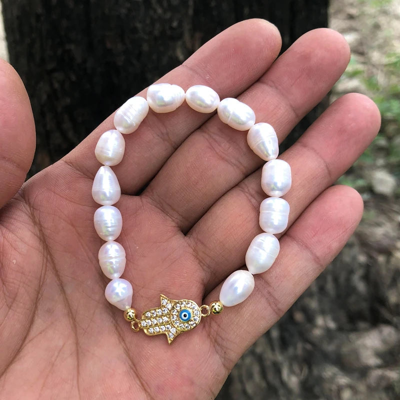 Natural Freshwater Pearl Hamsa Hand Turkish Blue Evil Eye Bracelets Bangle With Cubic Zirconium For Women Charms Jewelry Making