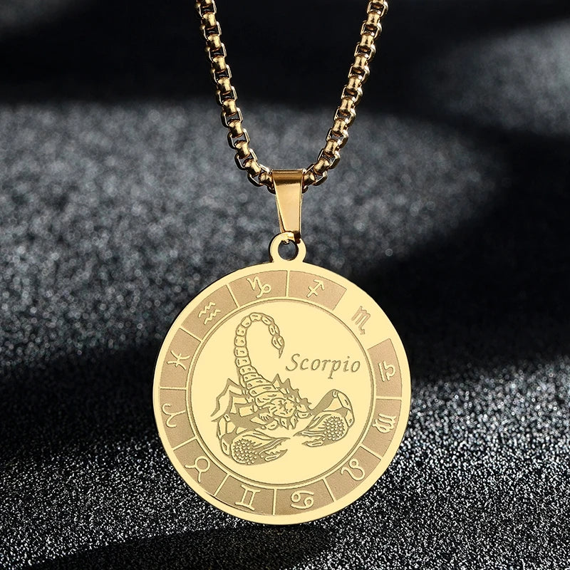 Stainless Steel Zodiac Sign Necklace For Women Men 12 Constellation Libra Symbol Pendant Necklace Amulet Collar
