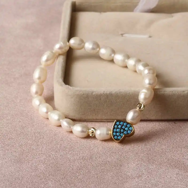 Natural Freshwater Pearl Hamsa Hand Turkish Blue Evil Eye Bracelets Bangle With Cubic Zirconium For Women Charms Jewelry Making