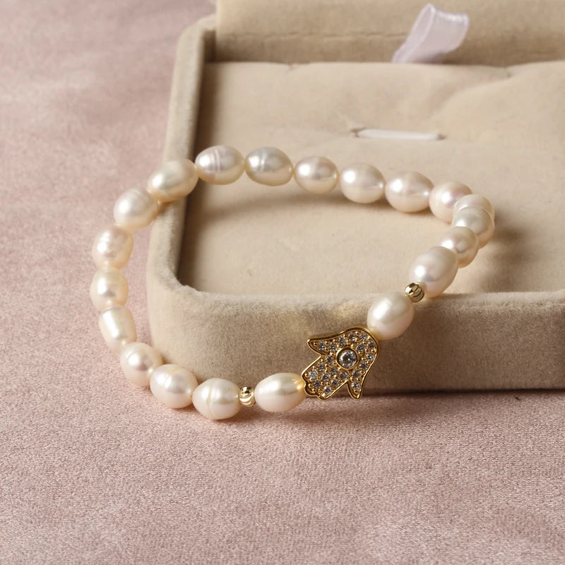 Natural Freshwater Pearl Hamsa Hand Turkish Blue Evil Eye Bracelets Bangle With Cubic Zirconium For Women Charms Jewelry Making