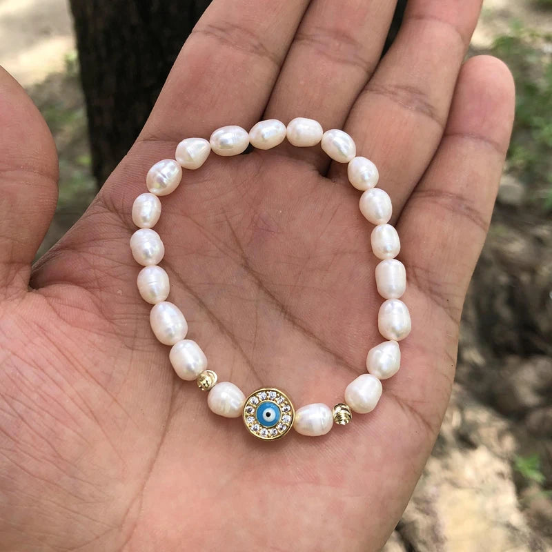 Natural Freshwater Pearl Hamsa Hand Turkish Blue Evil Eye Bracelets Bangle With Cubic Zirconium For Women Charms Jewelry Making