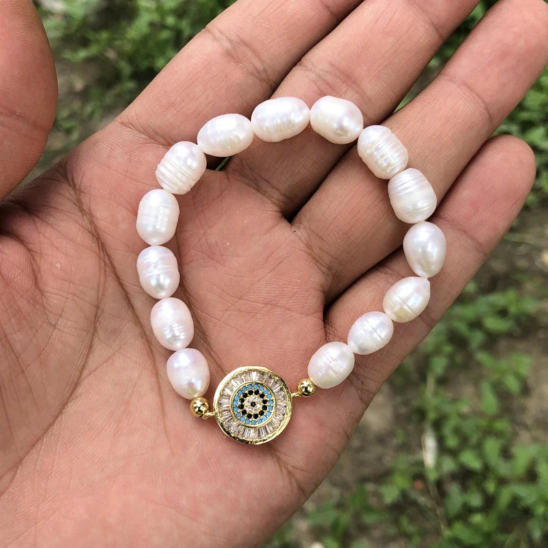 Natural Freshwater Pearl Hamsa Hand Turkish Blue Evil Eye Bracelets Bangle With Cubic Zirconium For Women Charms Jewelry Making