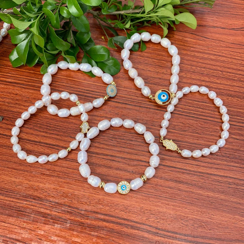 Natural Freshwater Pearl Hamsa Hand Turkish Blue Evil Eye Bracelets Bangle With Cubic Zirconium For Women Charms Jewelry Making
