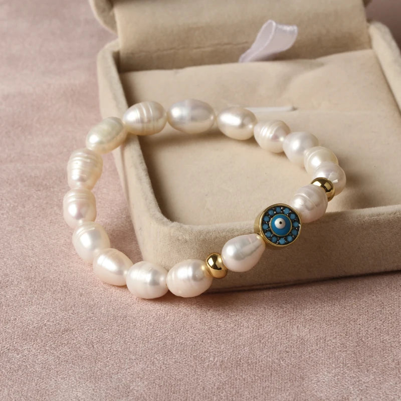 Natural Freshwater Pearl Hamsa Hand Turkish Blue Evil Eye Bracelets Bangle With Cubic Zirconium For Women Charms Jewelry Making