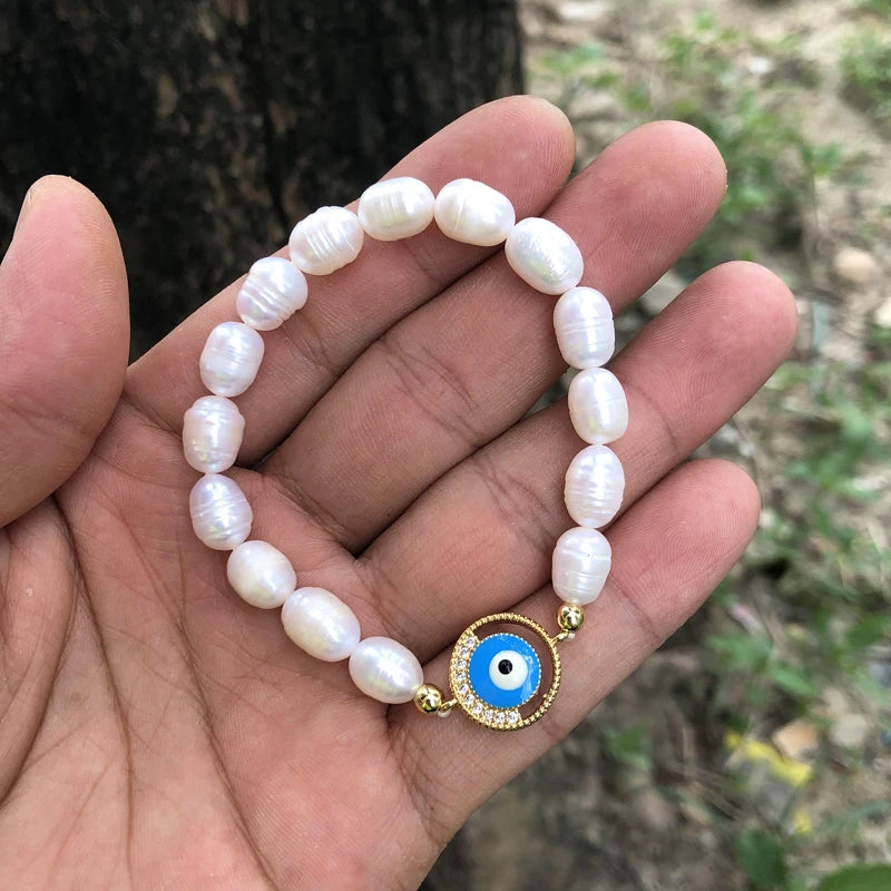 Natural Freshwater Pearl Hamsa Hand Turkish Blue Evil Eye Bracelets Bangle With Cubic Zirconium For Women Charms Jewelry Making