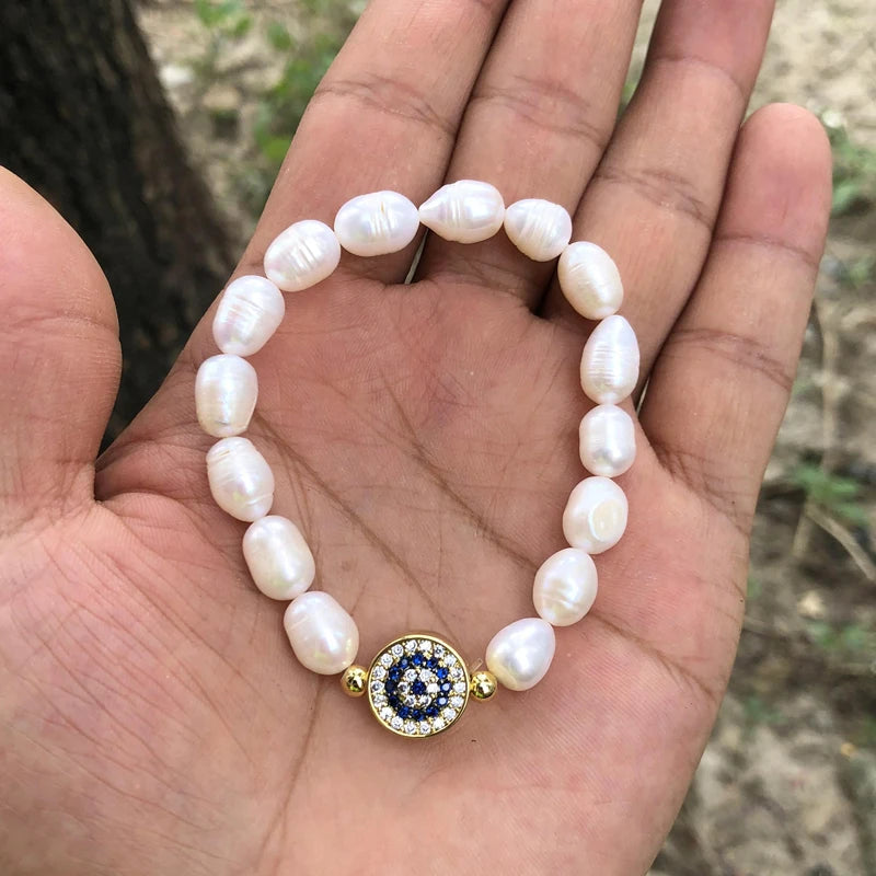 Natural Freshwater Pearl Hamsa Hand Turkish Blue Evil Eye Bracelets Bangle With Cubic Zirconium For Women Charms Jewelry Making