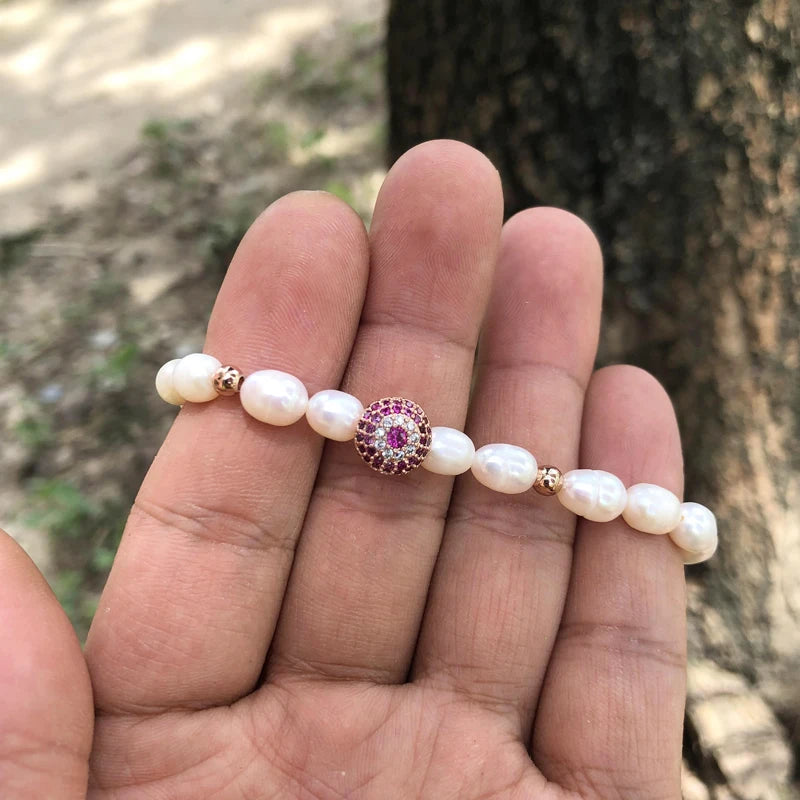 Natural Freshwater Pearl Hamsa Hand Turkish Blue Evil Eye Bracelets Bangle With Cubic Zirconium For Women Charms Jewelry Making