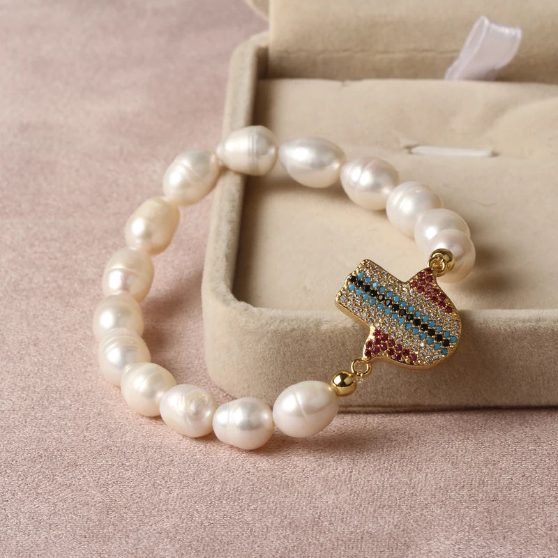 Natural Freshwater Pearl Hamsa Hand Turkish Blue Evil Eye Bracelets Bangle With Cubic Zirconium For Women Charms Jewelry Making