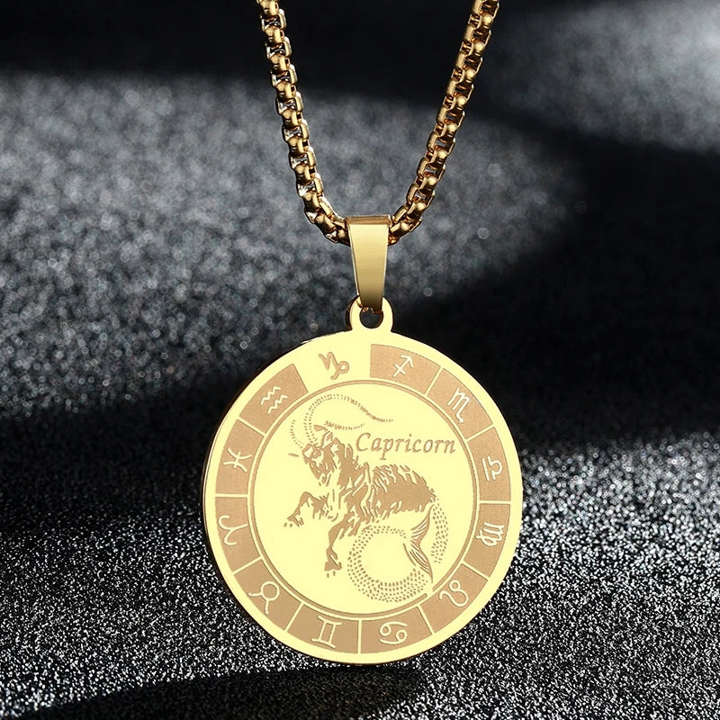 Stainless Steel Zodiac Sign Necklace For Women Men 12 Constellation Libra Symbol Pendant Necklace Amulet Collar