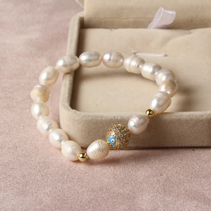 Natural Freshwater Pearl Hamsa Hand Turkish Blue Evil Eye Bracelets Bangle With Cubic Zirconium For Women Charms Jewelry Making