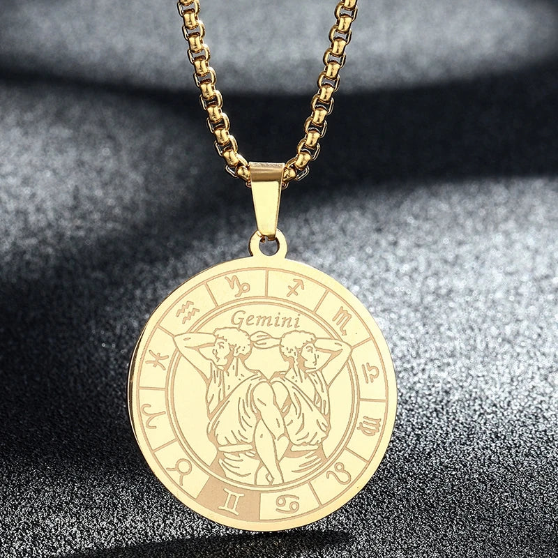 Stainless Steel Zodiac Sign Necklace For Women Men 12 Constellation Libra Symbol Pendant Necklace Amulet Collar