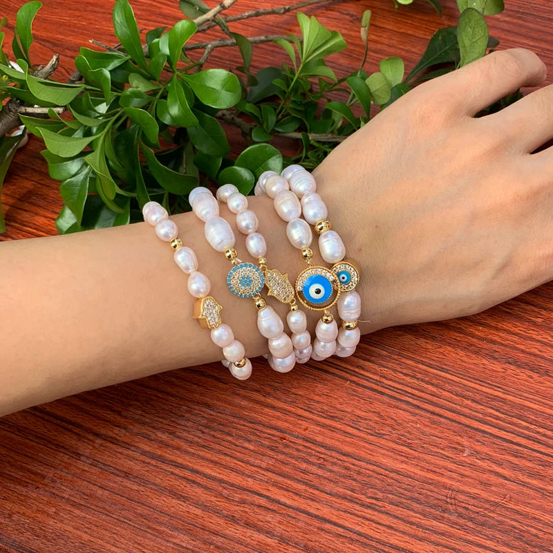 Natural Freshwater Pearl Hamsa Hand Turkish Blue Evil Eye Bracelets Bangle With Cubic Zirconium For Women Charms Jewelry Making