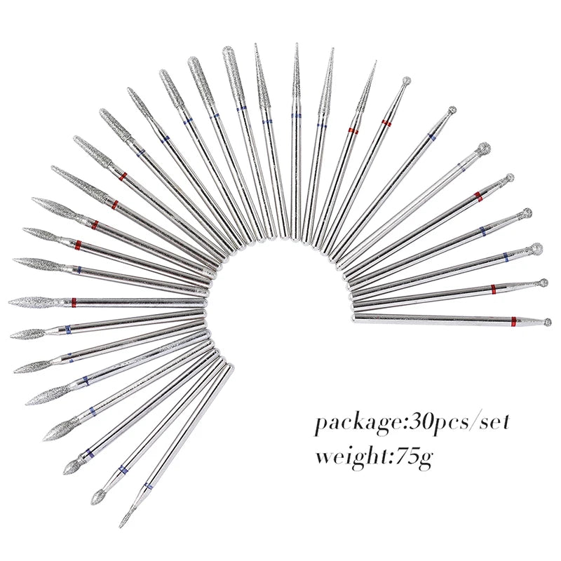 30PCS Diamond Nail Drill Bits Set Rotary Electric Nail Drill Machine Milling Cutter Manicure Pedicure Polishing Strong Nail File