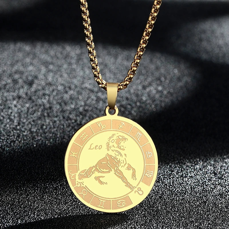 Stainless Steel Zodiac Sign Necklace For Women Men 12 Constellation Libra Symbol Pendant Necklace Amulet Collar