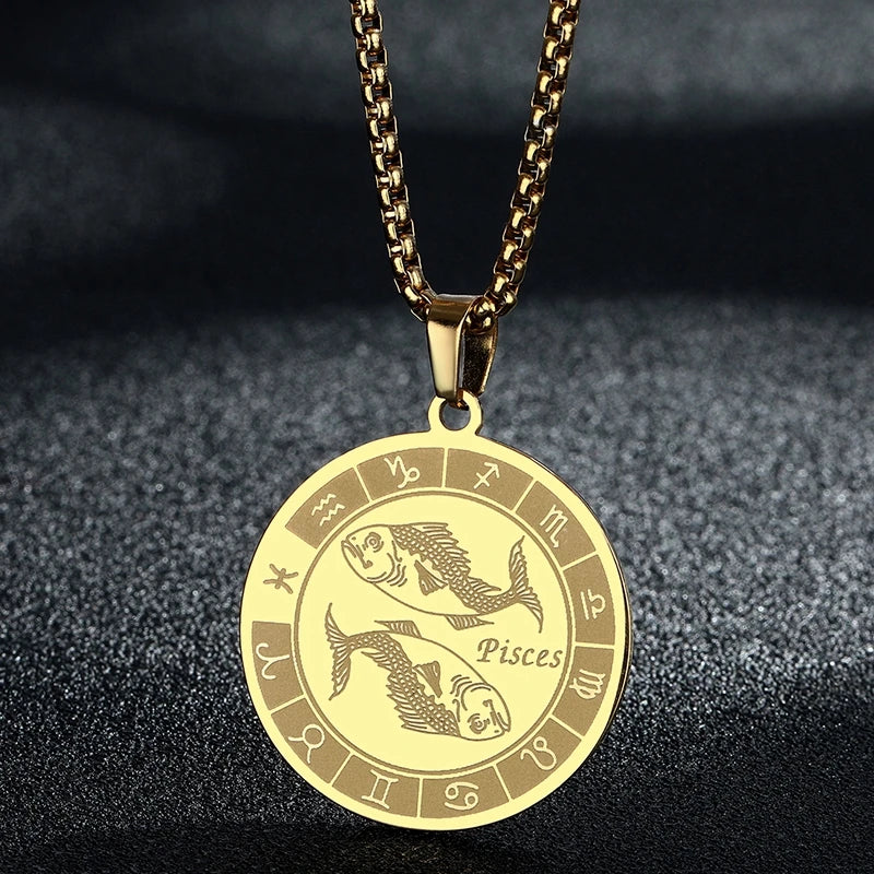 Stainless Steel Zodiac Sign Necklace For Women Men 12 Constellation Libra Symbol Pendant Necklace Amulet Collar