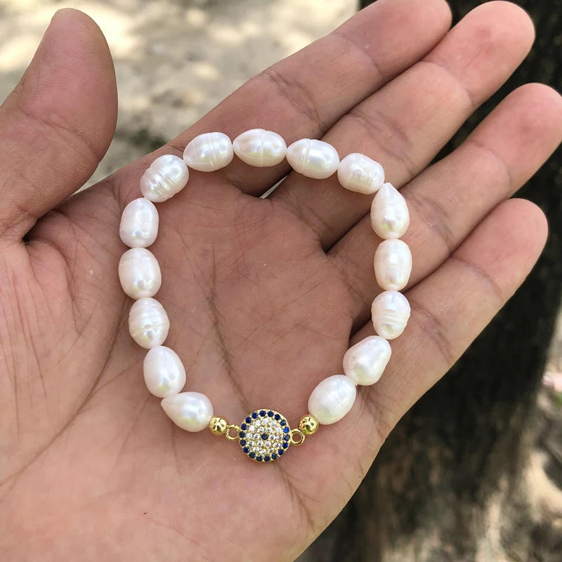 Natural Freshwater Pearl Hamsa Hand Turkish Blue Evil Eye Bracelets Bangle With Cubic Zirconium For Women Charms Jewelry Making