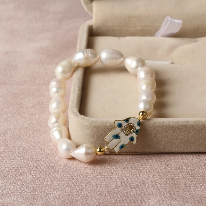 Natural Freshwater Pearl Hamsa Hand Turkish Blue Evil Eye Bracelets Bangle With Cubic Zirconium For Women Charms Jewelry Making