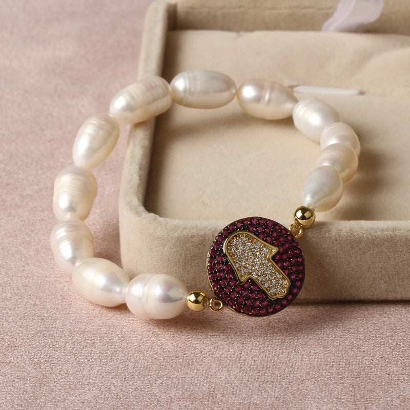 Natural Freshwater Pearl Hamsa Hand Turkish Blue Evil Eye Bracelets Bangle With Cubic Zirconium For Women Charms Jewelry Making