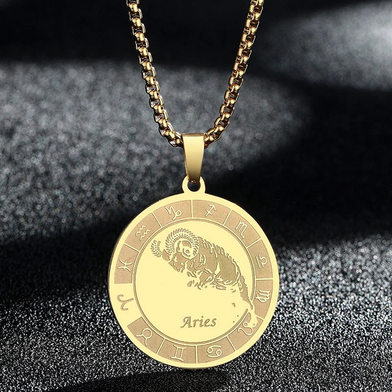 Stainless Steel Zodiac Sign Necklace For Women Men 12 Constellation Libra Symbol Pendant Necklace Amulet Collar