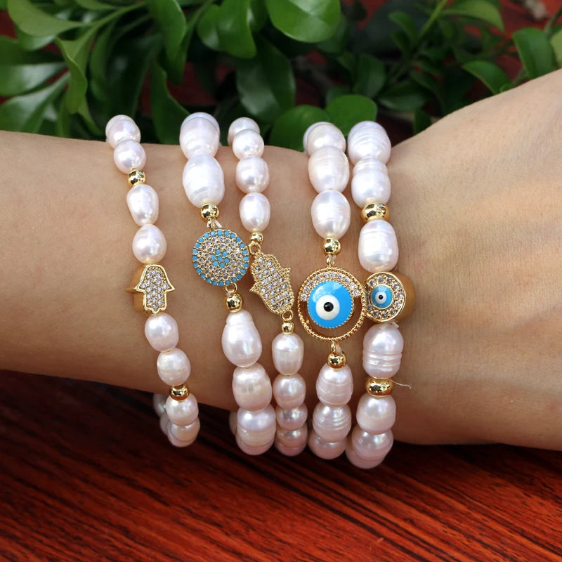 Natural Freshwater Pearl Hamsa Hand Turkish Blue Evil Eye Bracelets Bangle With Cubic Zirconium For Women Charms Jewelry Making