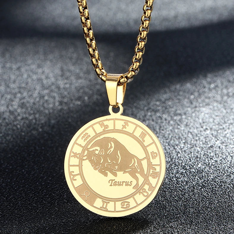 Stainless Steel Zodiac Sign Necklace For Women Men 12 Constellation Libra Symbol Pendant Necklace Amulet Collar