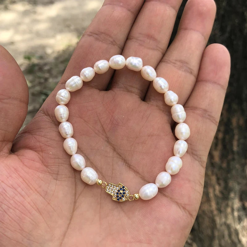 Natural Freshwater Pearl Hamsa Hand Turkish Blue Evil Eye Bracelets Bangle With Cubic Zirconium For Women Charms Jewelry Making