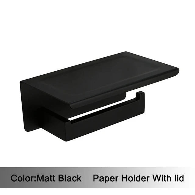 Matt Black Bathroom Hardware Set Kit Accessories Wall Shelf Towel Bar Rack Rail Robe Hanger Toilet Brush Roll Paper Holder Dish