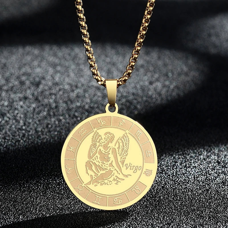 Stainless Steel Zodiac Sign Necklace For Women Men 12 Constellation Libra Symbol Pendant Necklace Amulet Collar