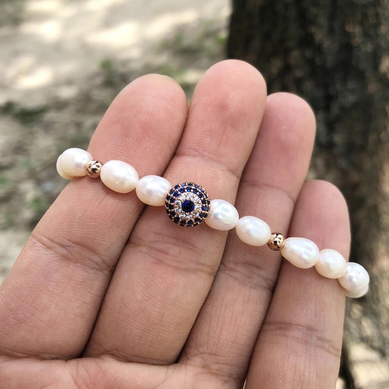 Natural Freshwater Pearl Hamsa Hand Turkish Blue Evil Eye Bracelets Bangle With Cubic Zirconium For Women Charms Jewelry Making