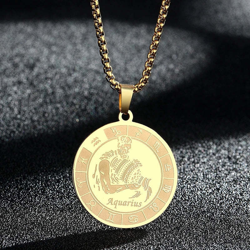 Stainless Steel Zodiac Sign Necklace For Women Men 12 Constellation Libra Symbol Pendant Necklace Amulet Collar
