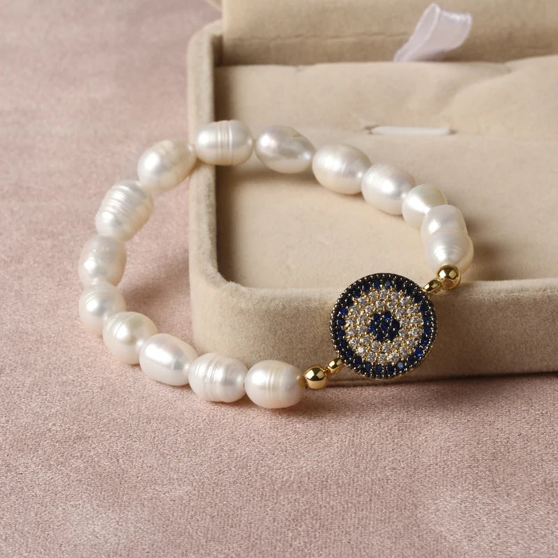 Natural Freshwater Pearl Hamsa Hand Turkish Blue Evil Eye Bracelets Bangle With Cubic Zirconium For Women Charms Jewelry Making