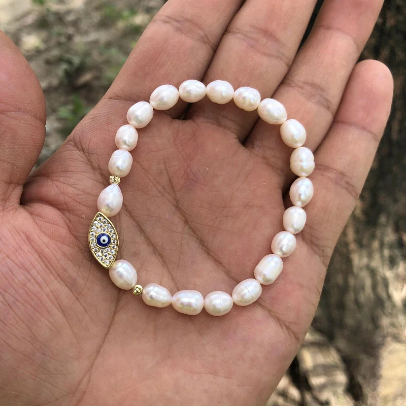 Natural Freshwater Pearl Hamsa Hand Turkish Blue Evil Eye Bracelets Bangle With Cubic Zirconium For Women Charms Jewelry Making