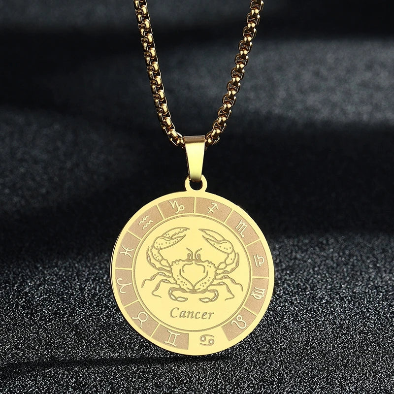 Stainless Steel Zodiac Sign Necklace For Women Men 12 Constellation Libra Symbol Pendant Necklace Amulet Collar