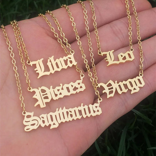 12 Zodiac Letters Pendant Necklace Old English Scorpio Aries Taurus Gemini Cancer Leo Choker Horoscope Signs Necklace Friendship
