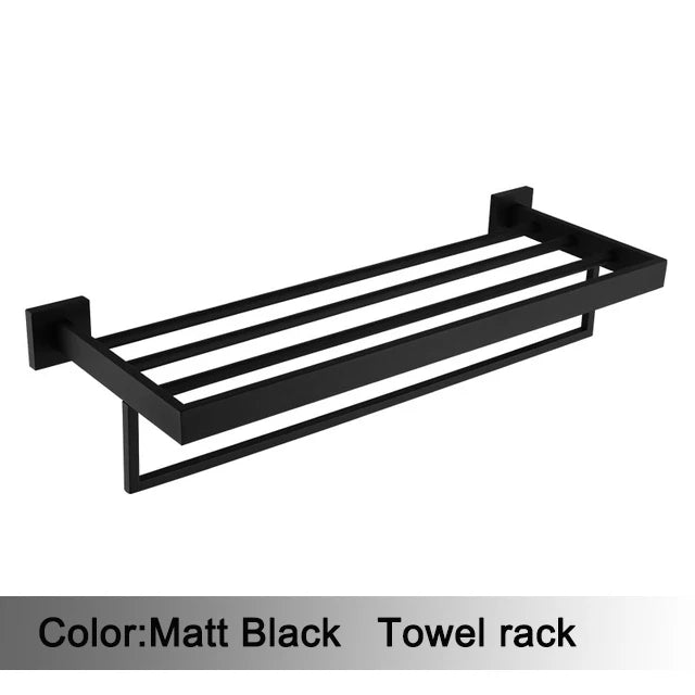Matt Black Bathroom Hardware Set Kit Accessories Wall Shelf Towel Bar Rack Rail Robe Hanger Toilet Brush Roll Paper Holder Dish