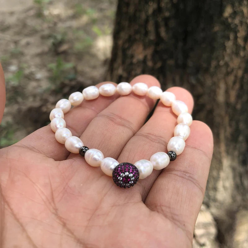 Natural Freshwater Pearl Hamsa Hand Turkish Blue Evil Eye Bracelets Bangle With Cubic Zirconium For Women Charms Jewelry Making