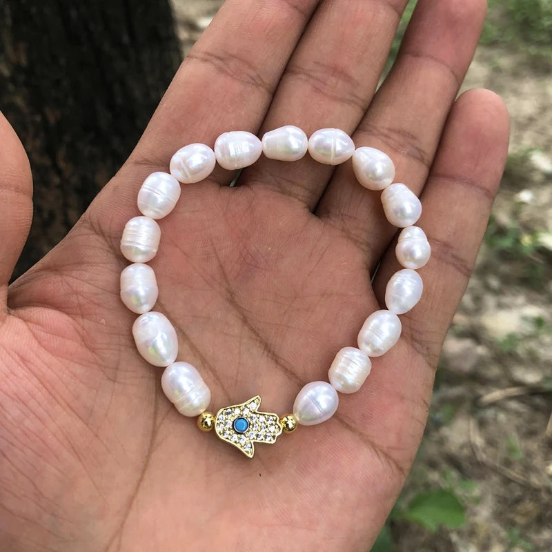Natural Freshwater Pearl Hamsa Hand Turkish Blue Evil Eye Bracelets Bangle With Cubic Zirconium For Women Charms Jewelry Making