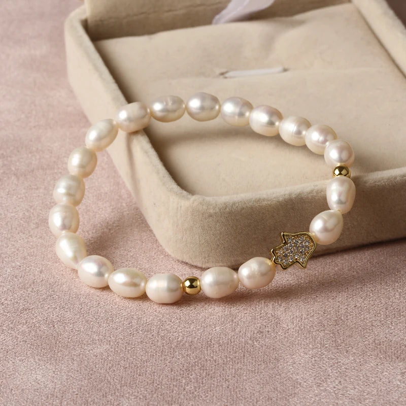 Natural Freshwater Pearl Hamsa Hand Turkish Blue Evil Eye Bracelets Bangle With Cubic Zirconium For Women Charms Jewelry Making