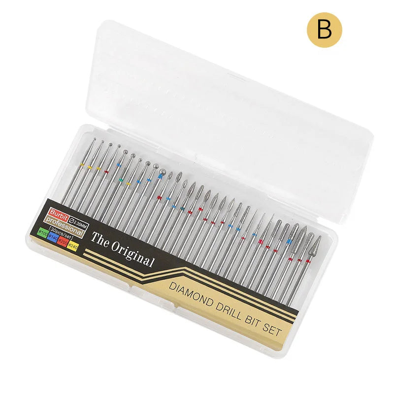 30PCS Diamond Nail Drill Bits Set Rotary Electric Nail Drill Machine Milling Cutter Manicure Pedicure Polishing Strong Nail File